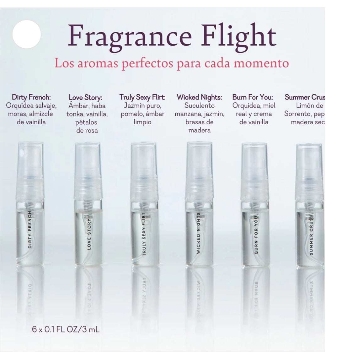 Fragrance Flight sampler set with six mini perfume spray bottles, labeled by scent