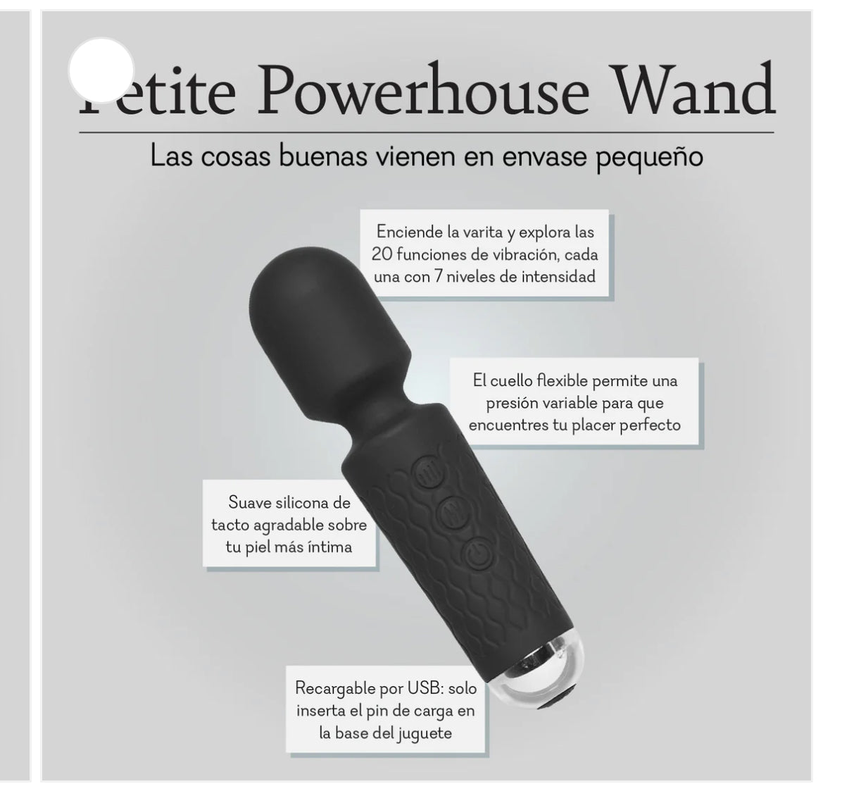 Black silicone massage wand with flexible neck, textured grip, USB rechargeable, on gray background