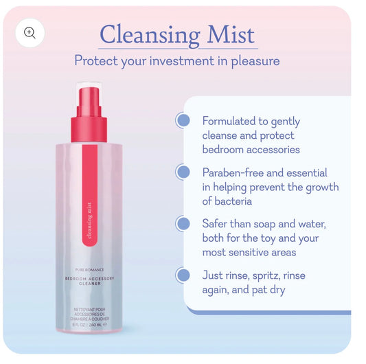 Cleansing Mist bedroom accessory cleaner bottle with benefits and usage details on pastel background.