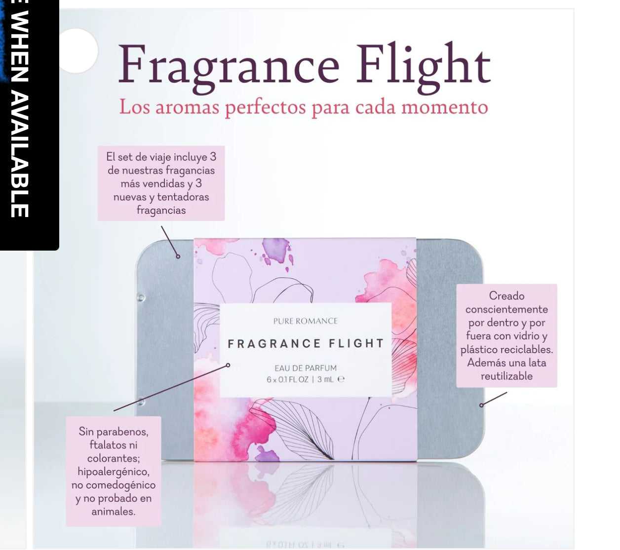 Fragrance Flight travel set with three eau de parfum, hypoallergenic, in a floral tin.