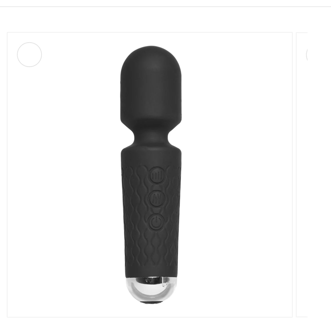 Black silicone handheld massage wand with textured grip and control buttons