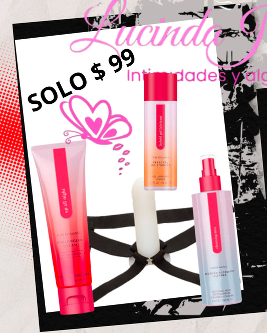 Personal care kit with prolonging cream, moisturizer, toy harness, and cleaner, special price $99