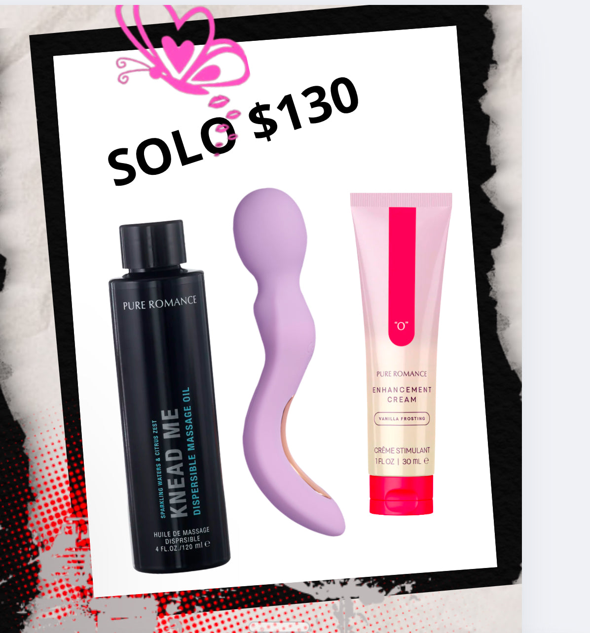 Massage oil, silicone vibrator, and enhancement cream set for wellness and intimacy, offer price $130.