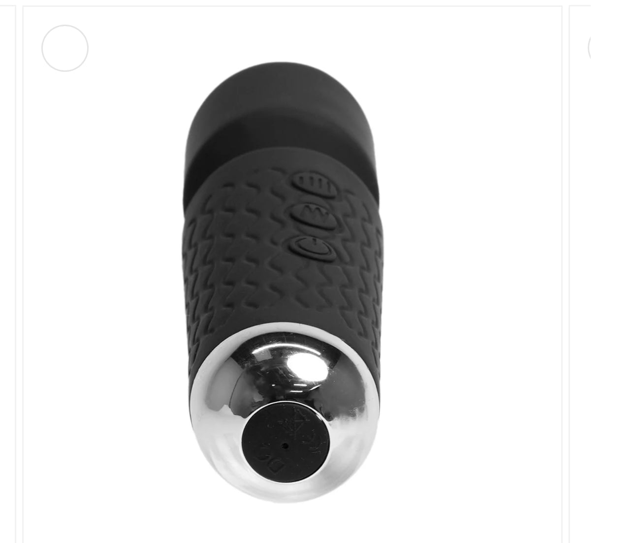 Black textured massage wand with silver tip on white background, wellness product