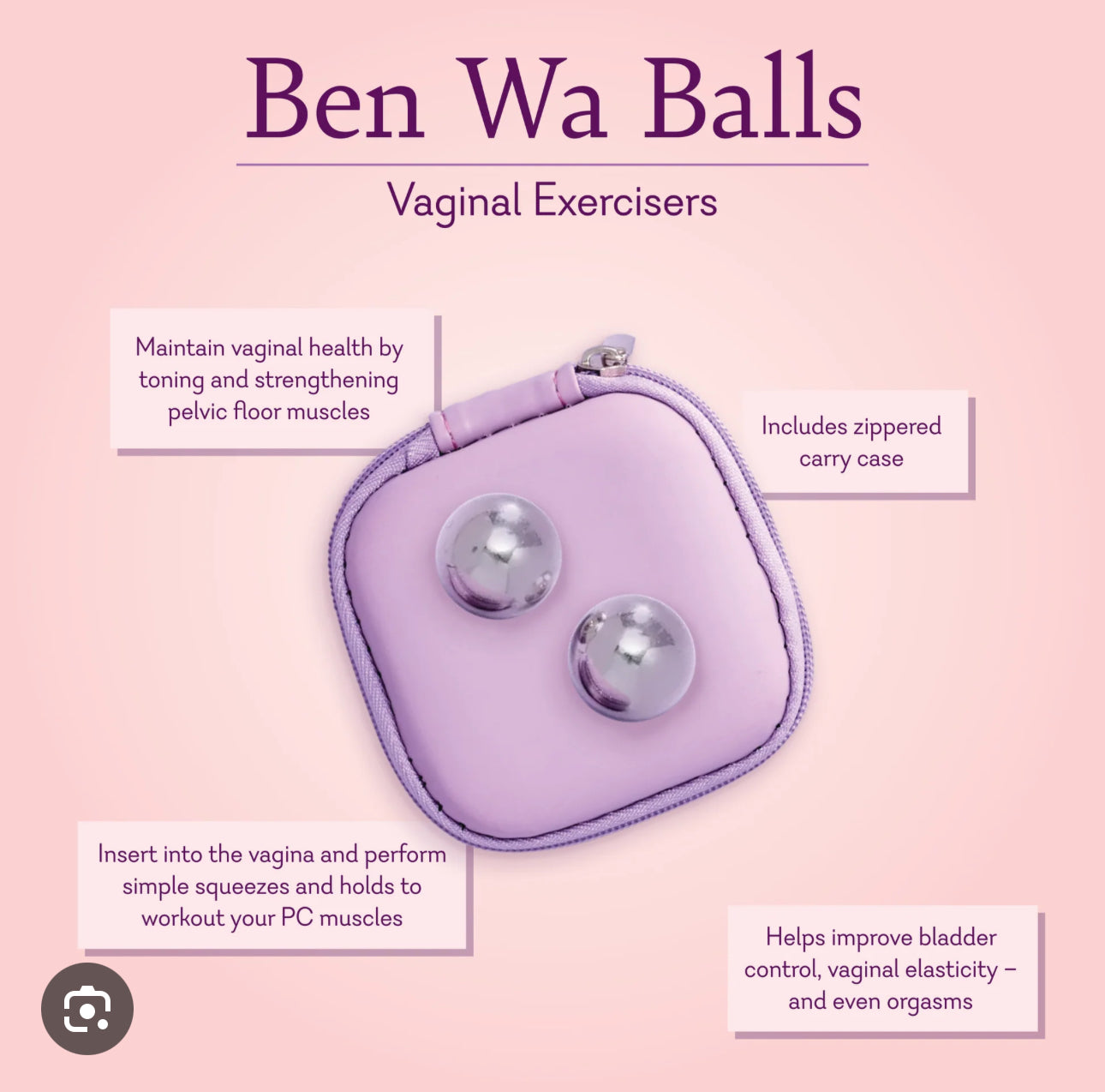 Ben Wa Balls silver pelvic floor exercisers with purple zippered case on pink background.