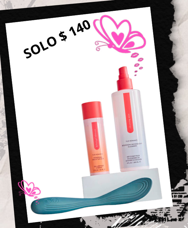 Personal wellness kit with two bottles and a teal massager, skincare and self-care products, price $140
