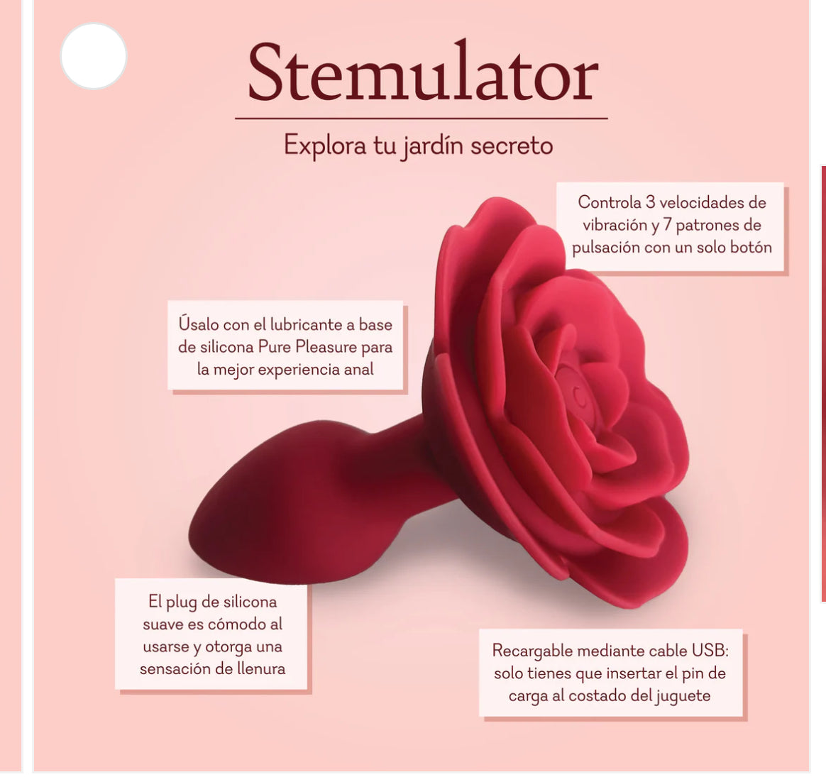 Red silicone rose-shaped vibrating stimulator with USB charging, featured on a pink background.
