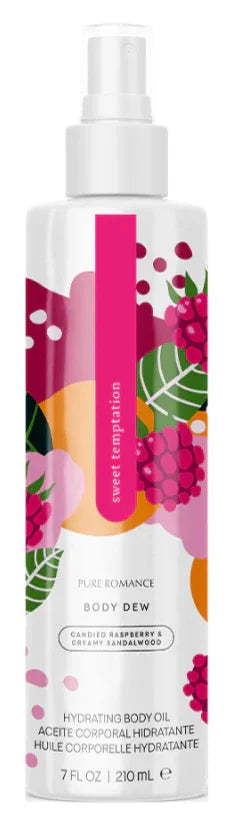 Hydrating body oil spray with raspberry and sandalwood, floral label design, 210ml bottle