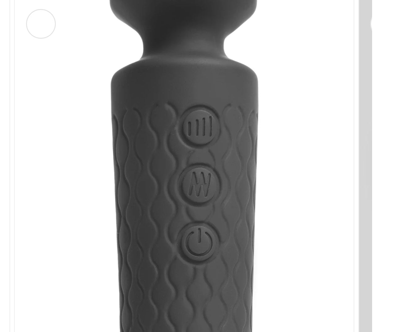 Close-up of black silicone massage wand handle with textured grip and control buttons