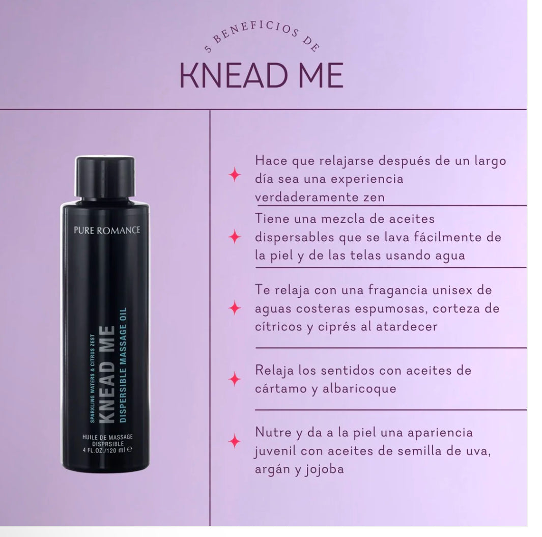 Knead Me massage oil bottle with list of benefits in Spanish, purple background, wellness product