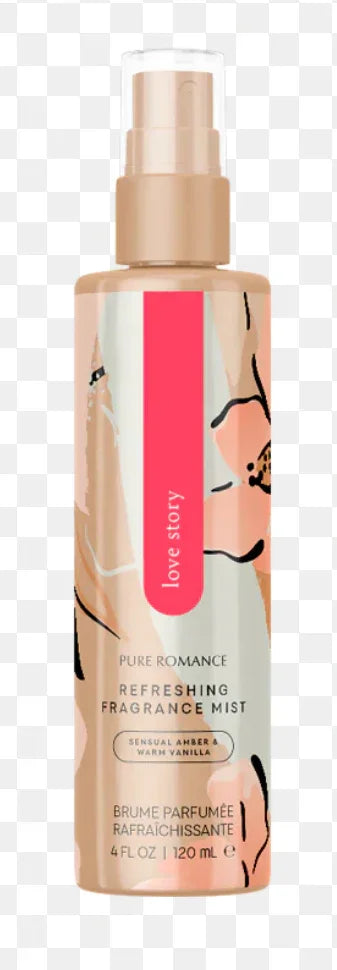 Refreshing fragrance mist bottle with floral design, labeled with love story, sensual amber, warm vanilla.