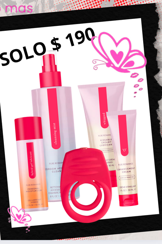 Set of intimacy products including personal moisturizer, cleansing mist, creams, and toy, labeled SOLO $190