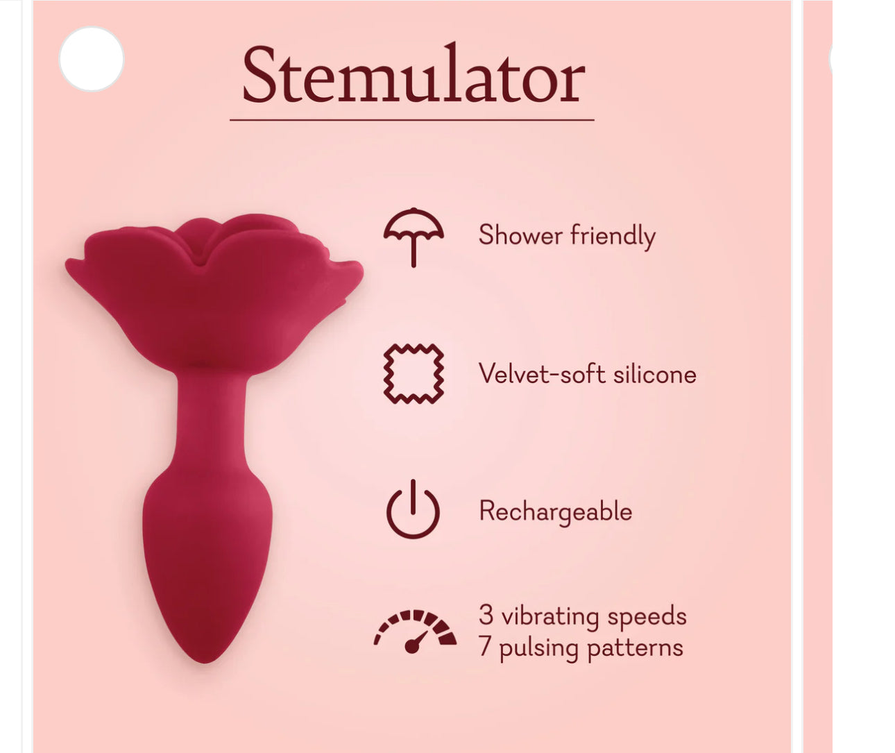 Red silicone stem-shaped stimulator for wellness, shower-friendly and rechargeable, with vibration settings.
