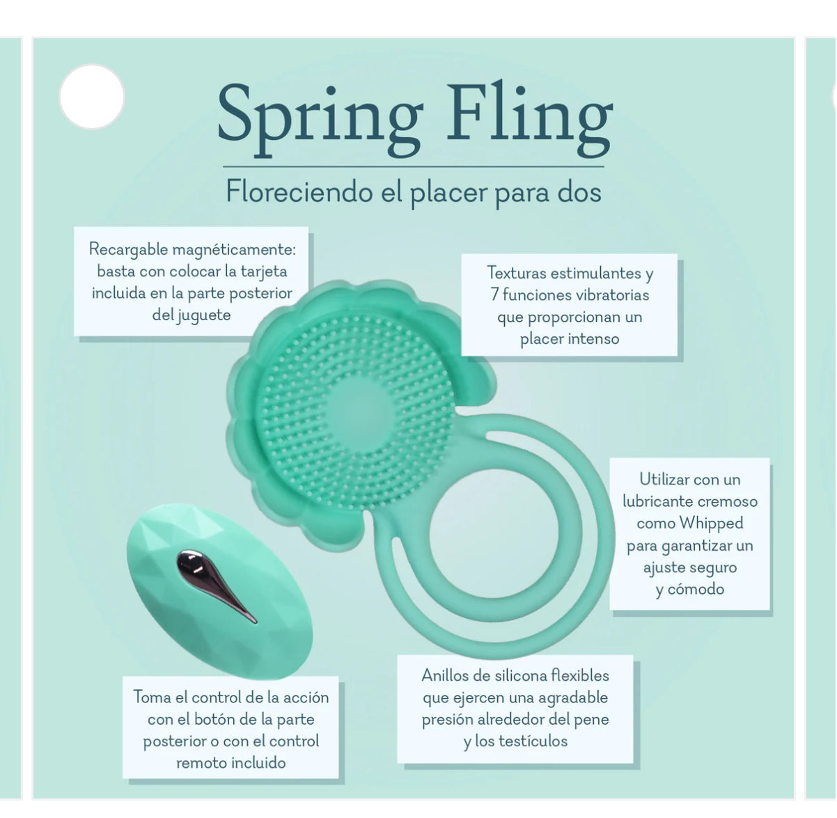 Turquoise silicone vibrating ring with textured surface and remote, sexual wellness product for couples