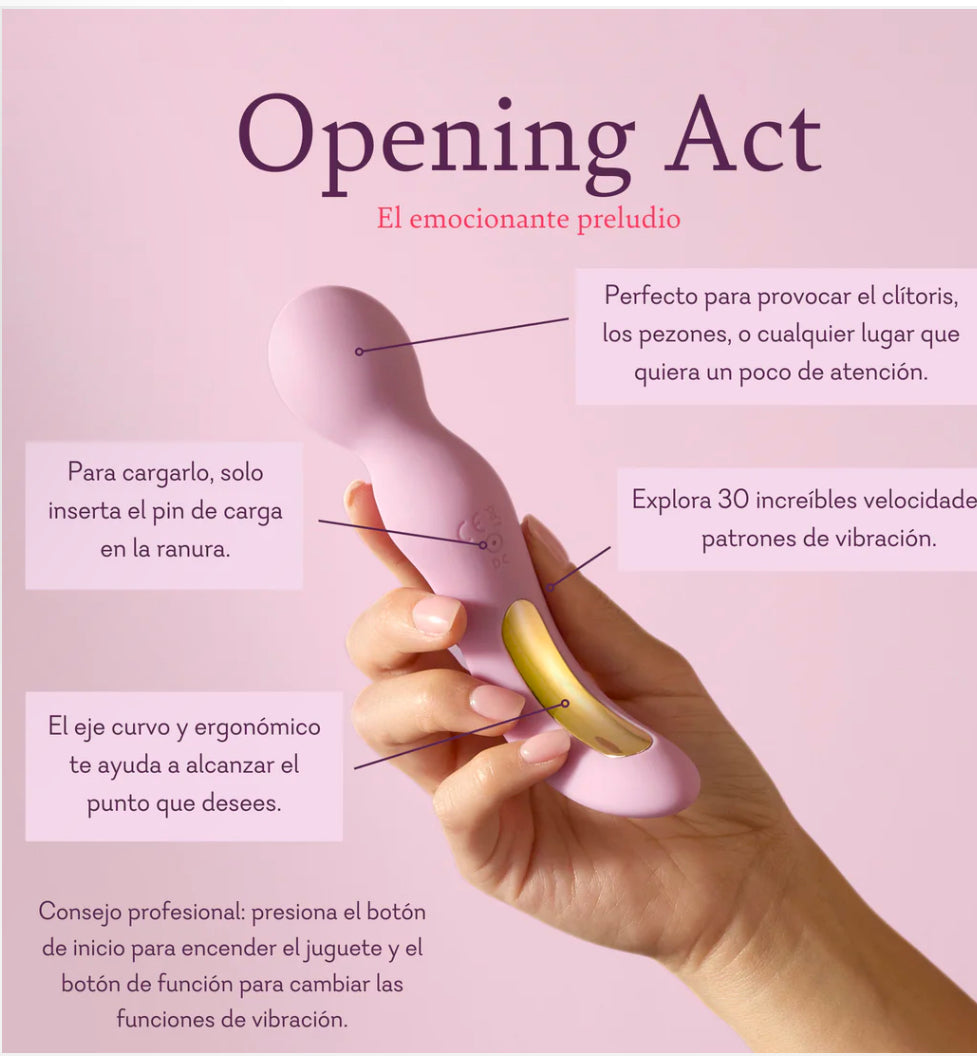 Hand holding a pink ergonomic personal massager with text highlighting vibration modes and features.