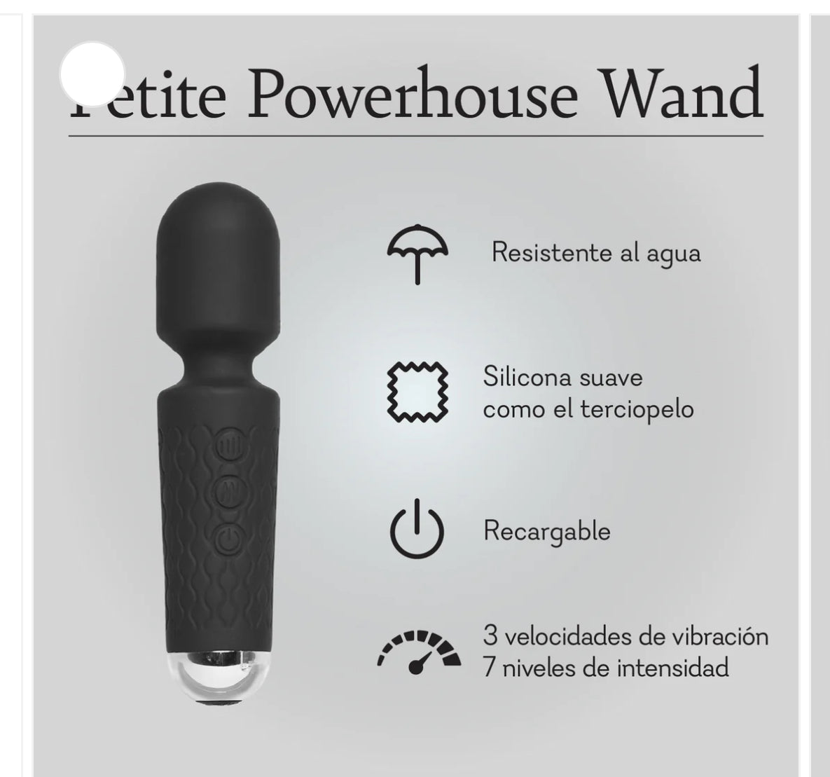 Black silicone wand massager, waterproof, rechargeable, with vibration and intensity levels.