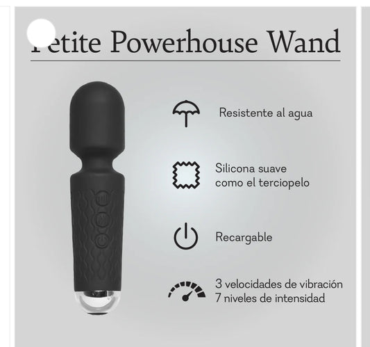 Black silicone wand massager, waterproof, rechargeable, with vibration and intensity levels.