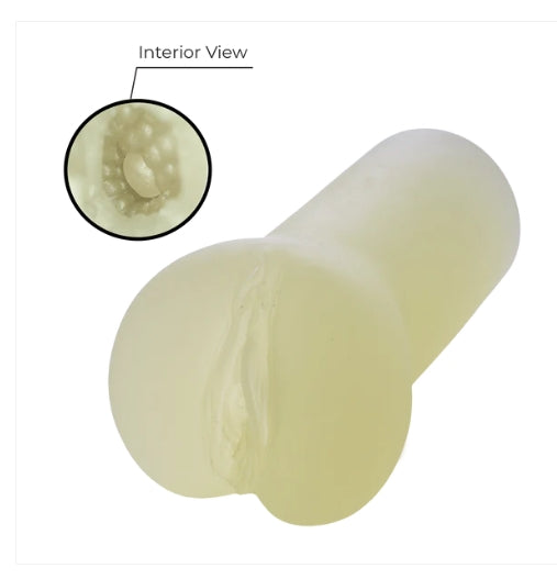 Textured translucent male stroker sleeve with detailed interior view insert