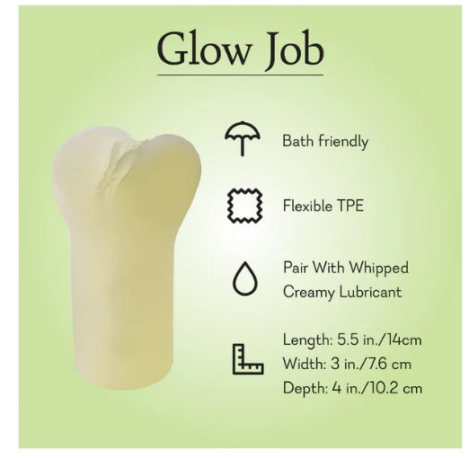 Soft yellow flexible TPE adult sleeve toy, bath-friendly, product specs and feature icons on green background.
