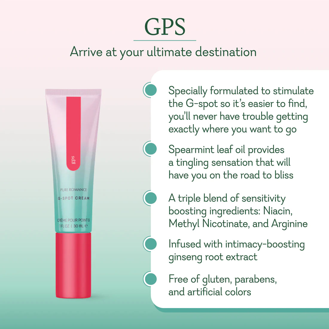 G-spot cream tube with list of features, including sensitivity boosting ingredients and natural extracts.