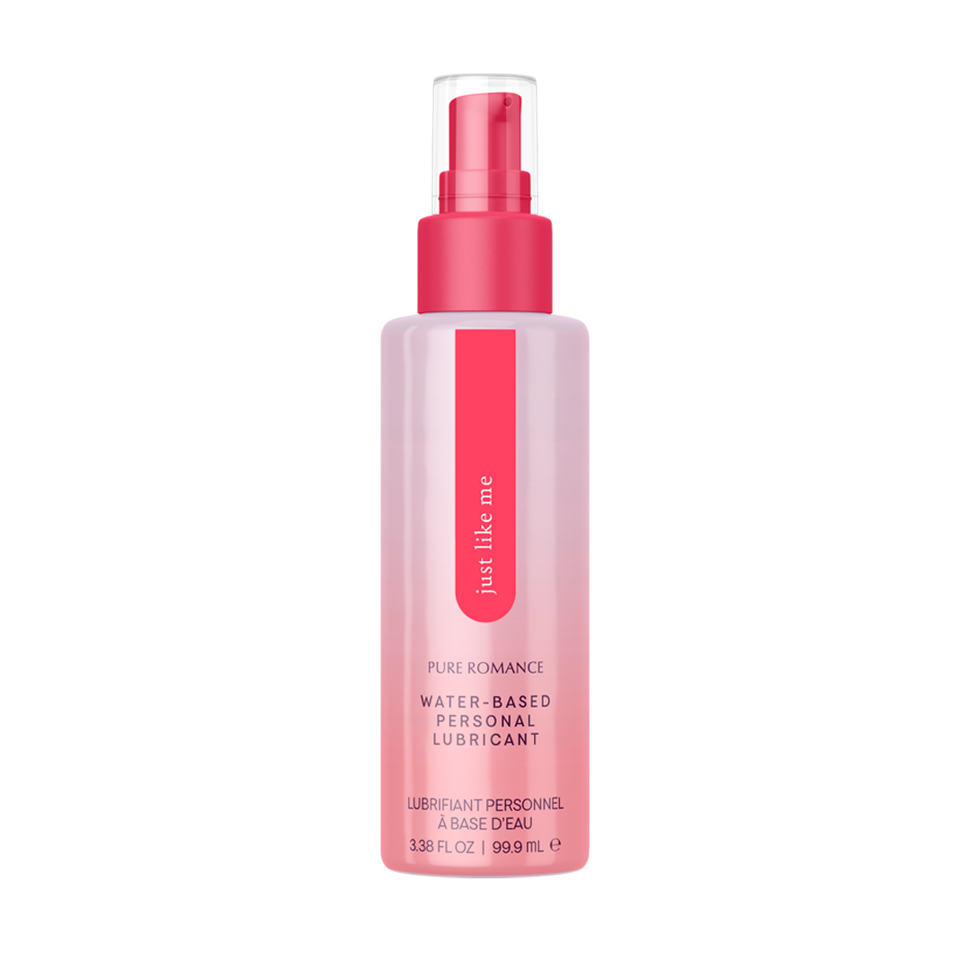 Water-based personal lubricant bottle with pink pump and clear cap, labeled 'just like me'.