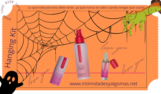 Halloween-themed Hanging Kit with personal care products, spider web, ghost, and green monster hand on orange background.