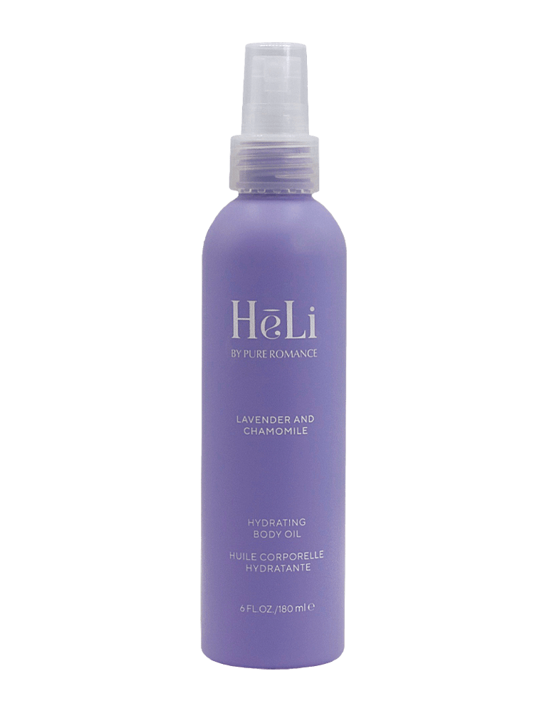Lavender and chamomile hydrating body oil spray bottle, purple packaging