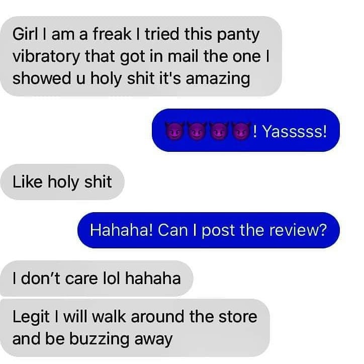Screenshot of text conversation sharing positive feedback on wearable panty massager product.