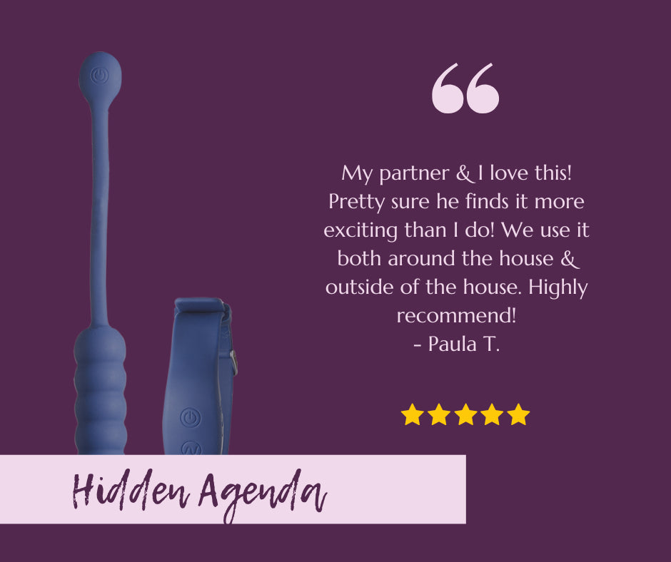 Purple wearable wellness massager and remote with customer review and five-star rating.