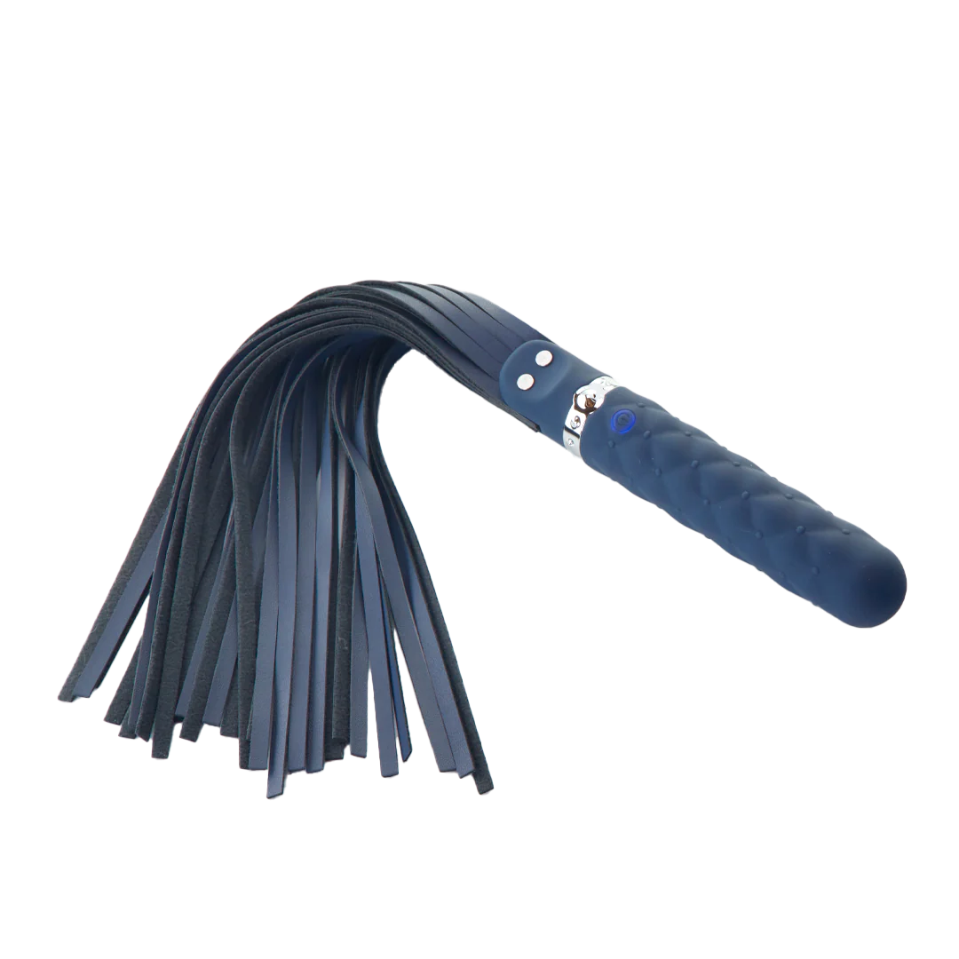 Black faux leather flogger with textured handle for massage and wellness use
