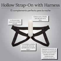 Adjustable hollow strap-on harness with white silicone attachment, shown on gray background with product features labeled.