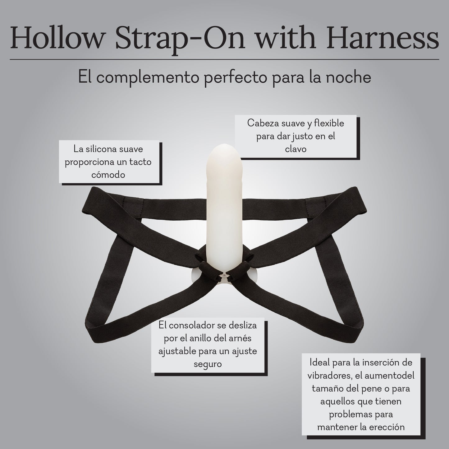Adjustable black harness with hollow silicone strap-on, product feature text in Spanish.