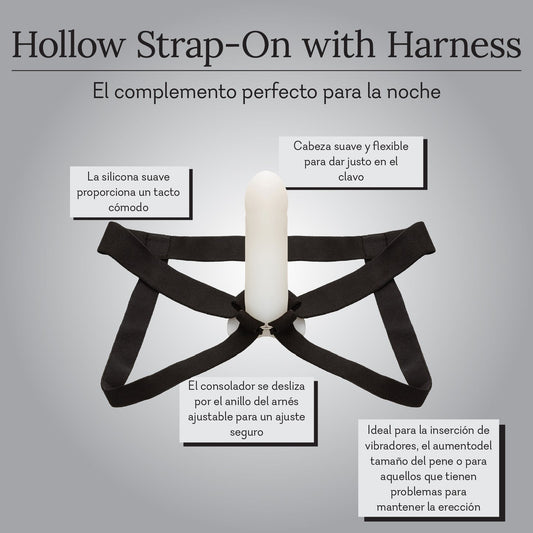 Adjustable black harness with hollow silicone strap-on, product feature text in Spanish.