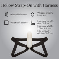 Adjustable harness with hollow strap-on, white insert and product features on gray background