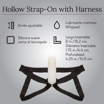 Black adjustable harness with white hollow silicone strap-on, product dimensions listed.