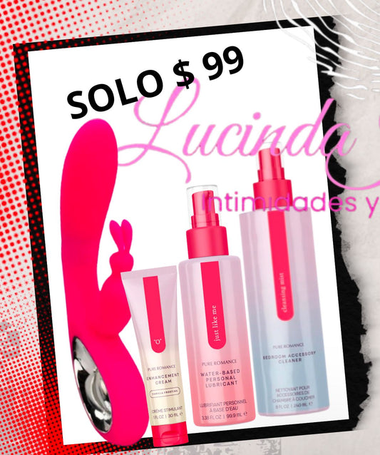 Pink personal massager set with enhancement cream, water-based lubricant, and cleaner, $99 offer