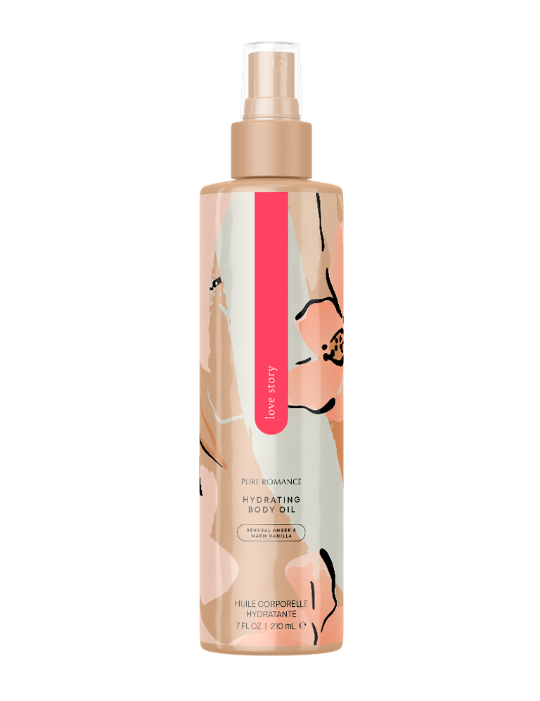 Hydrating body oil spray bottle with floral design, labeled 'Love Story', 210ml size