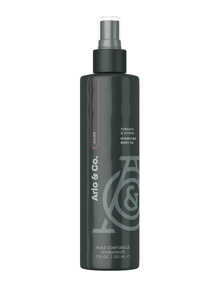 Arlo & Co Atlas hydrating body oil bottle with spray cap, 210 mL, dark packaging