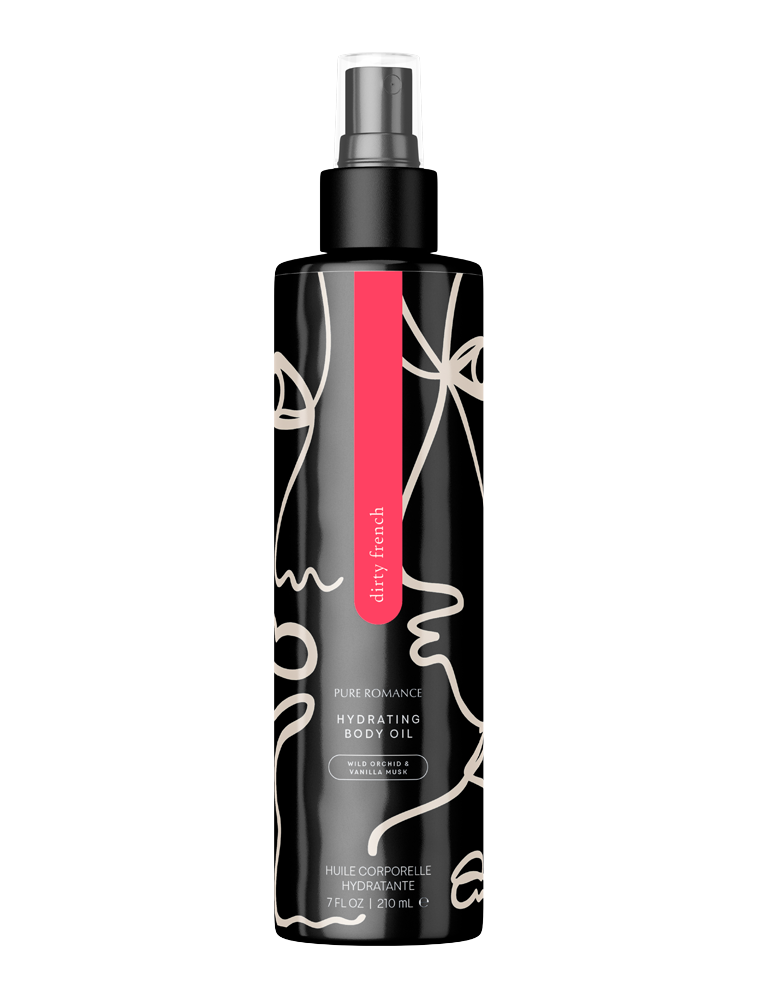 Hydrating body oil spray bottle with artistic black and cream design, 210 ml