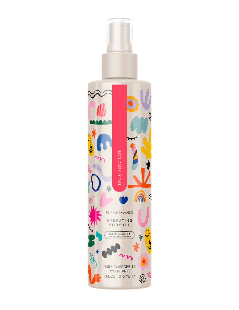 Hydrating body oil bottle with colorful abstract designs and spray cap, 210ml