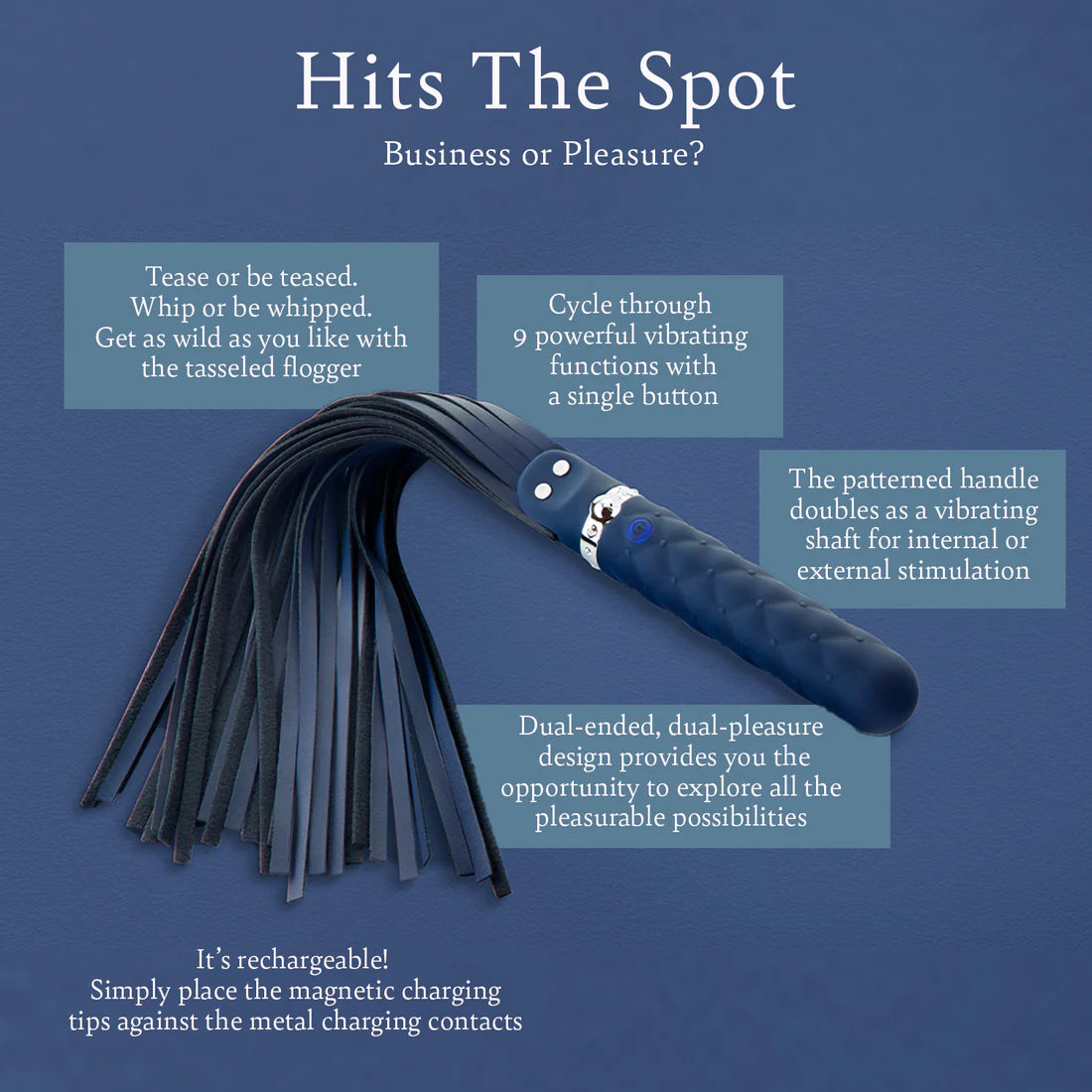 Rechargeable vibrating flogger with textured handle, black tassels, and pleasure features against a blue background.