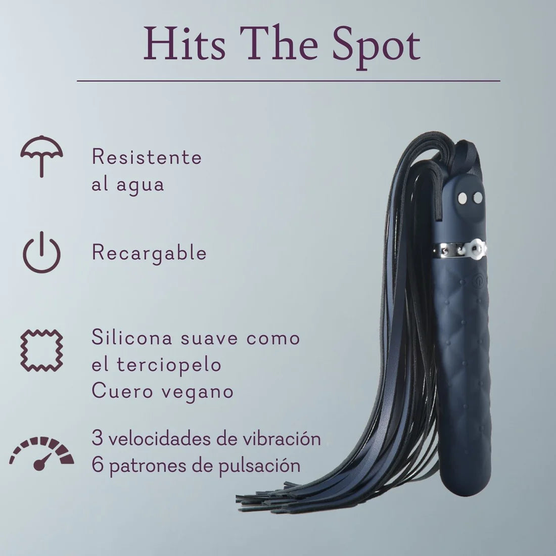 Black silicone and vegan leather massage whip with vibration settings, waterproof, rechargeable.