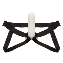 adjustable black harness with hollow silicone attachment, adult wellness accessory