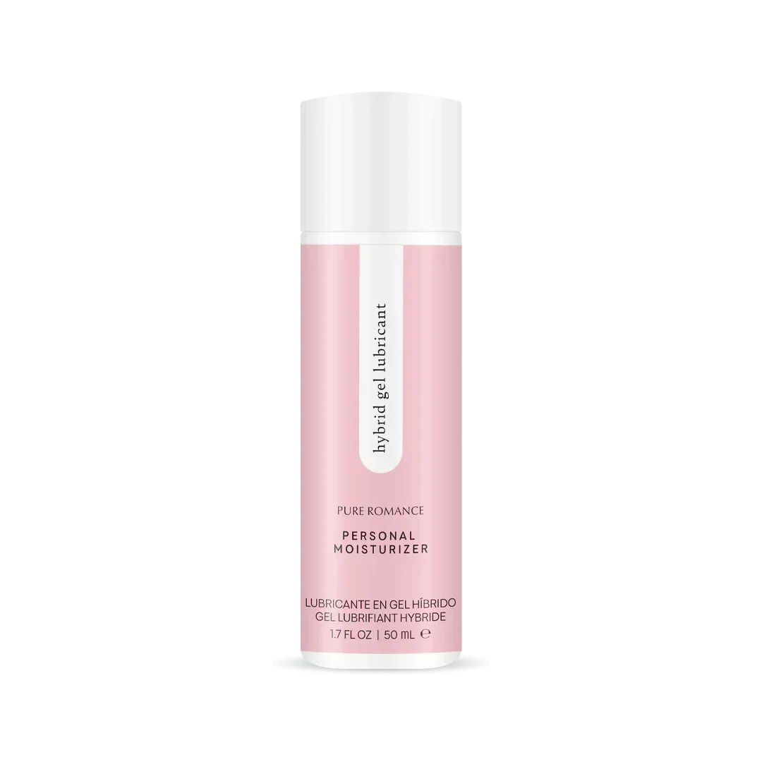 Hybrid gel personal lubricant in a pink and white 50 ml bottle, labeled for moisturizing.
