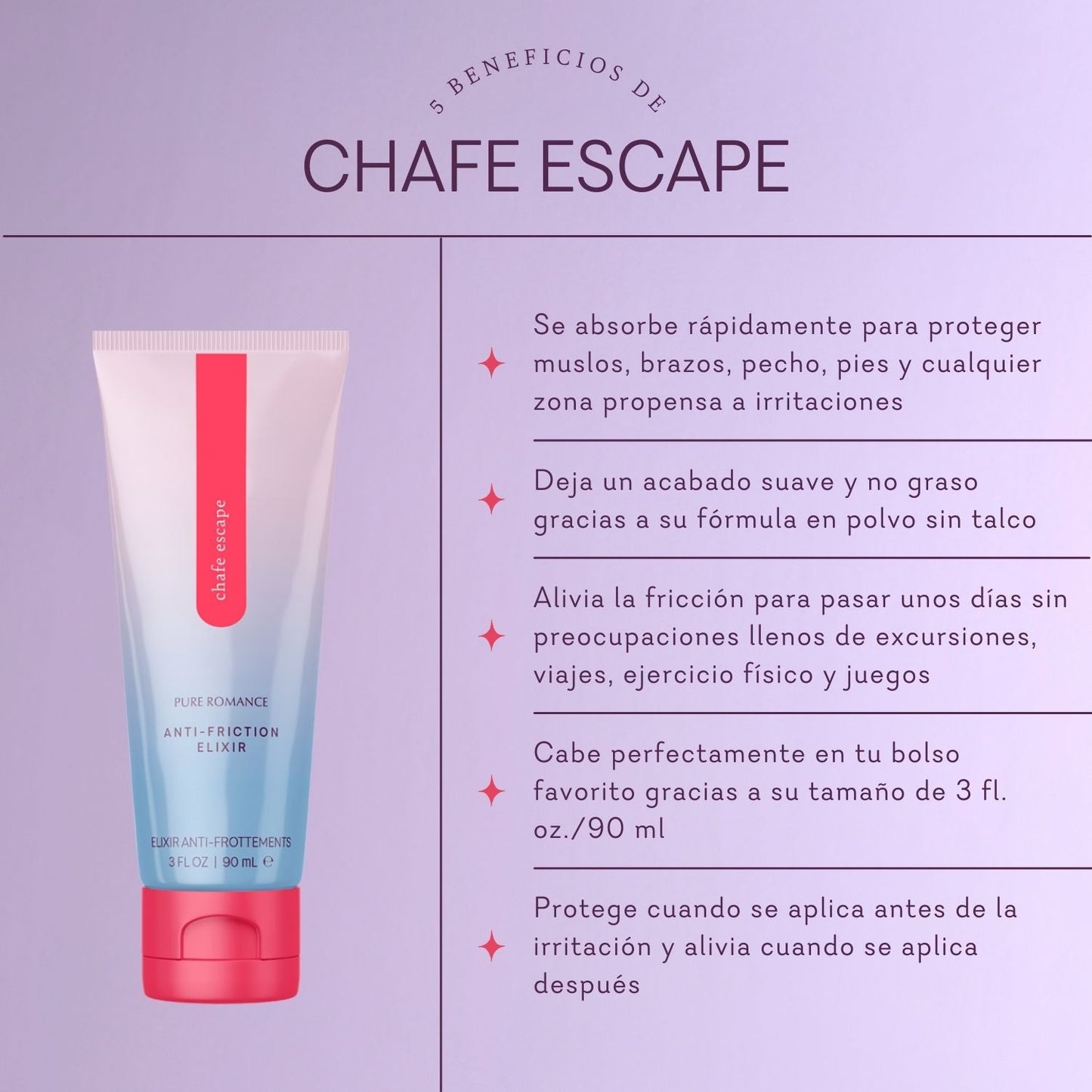 Chafe Escape anti-friction elixir tube on purple background with Spanish benefits list.
