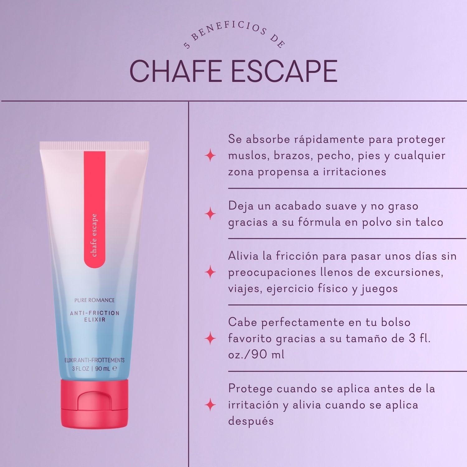 Chafe Escape anti-friction elixir tube on purple background with Spanish benefits list.