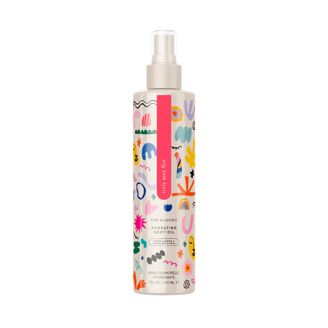 Hydrating body oil spray with colorful abstract design on bottle, skincare product