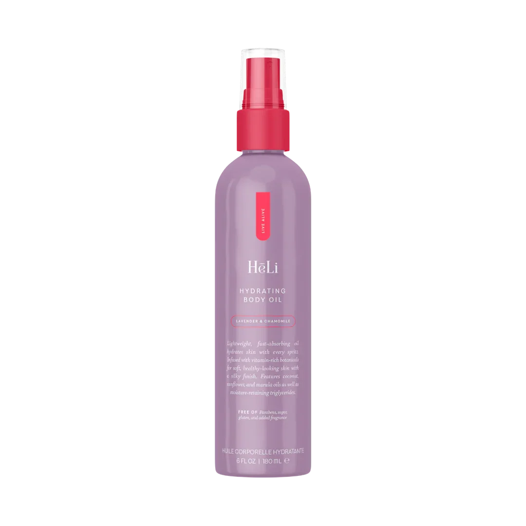 HeLi Hydrating Body Oil bottle with lavender and chamomile, purple and red packaging