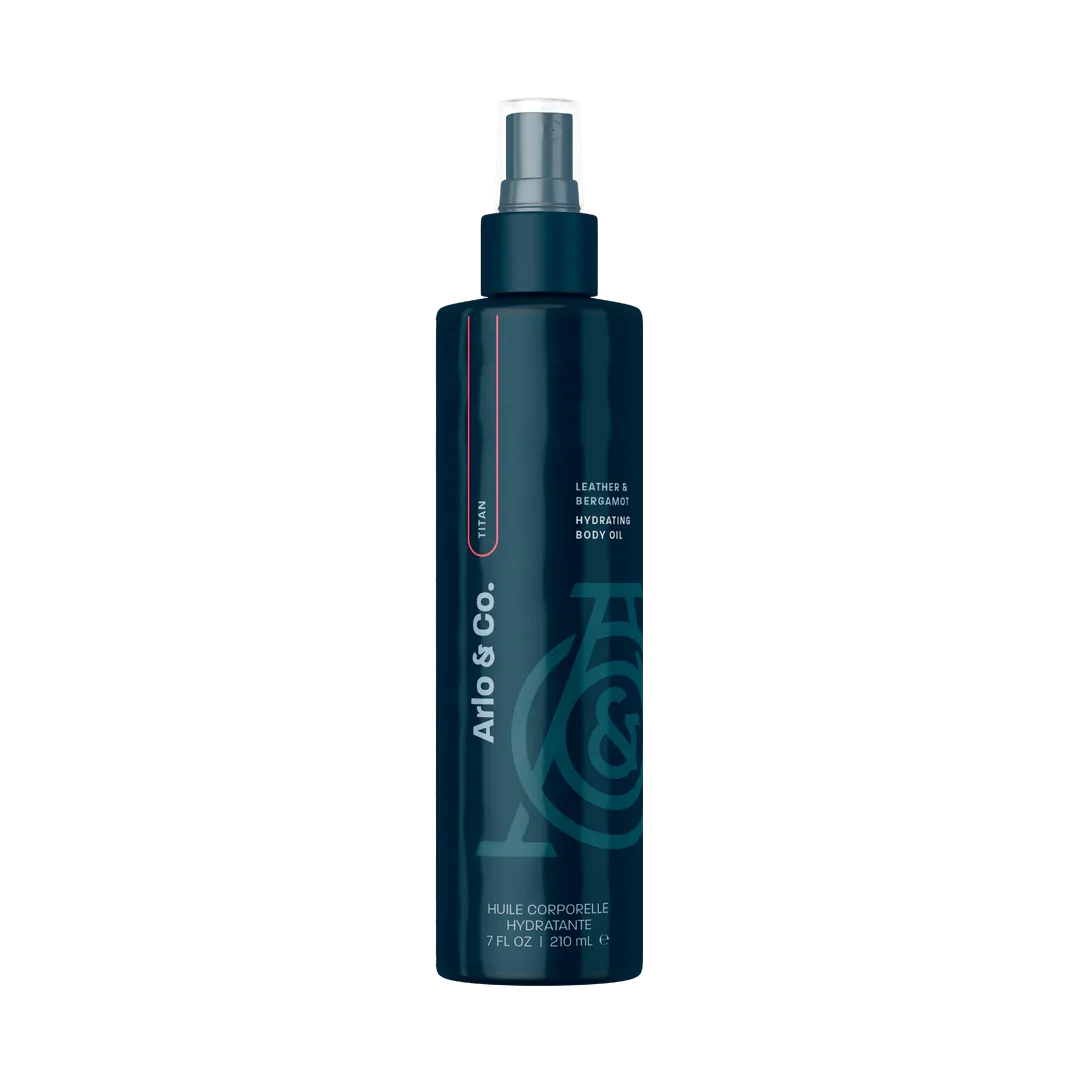 Arlo & Co. Leather & Bergamot hydrating body oil bottle, 7 fl oz, on black background