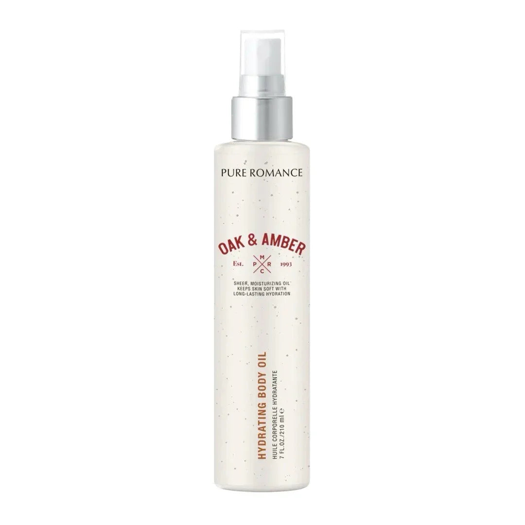 Pure Romance Oak & Amber hydrating body oil spray for moisturizing and softening skin